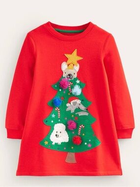 Mini Boden Red Holiday Dog Tree Appliqué Dress Sz 6-7